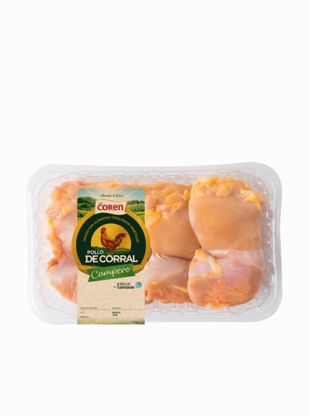 Carne de contramuslo de pollo de corral entero 