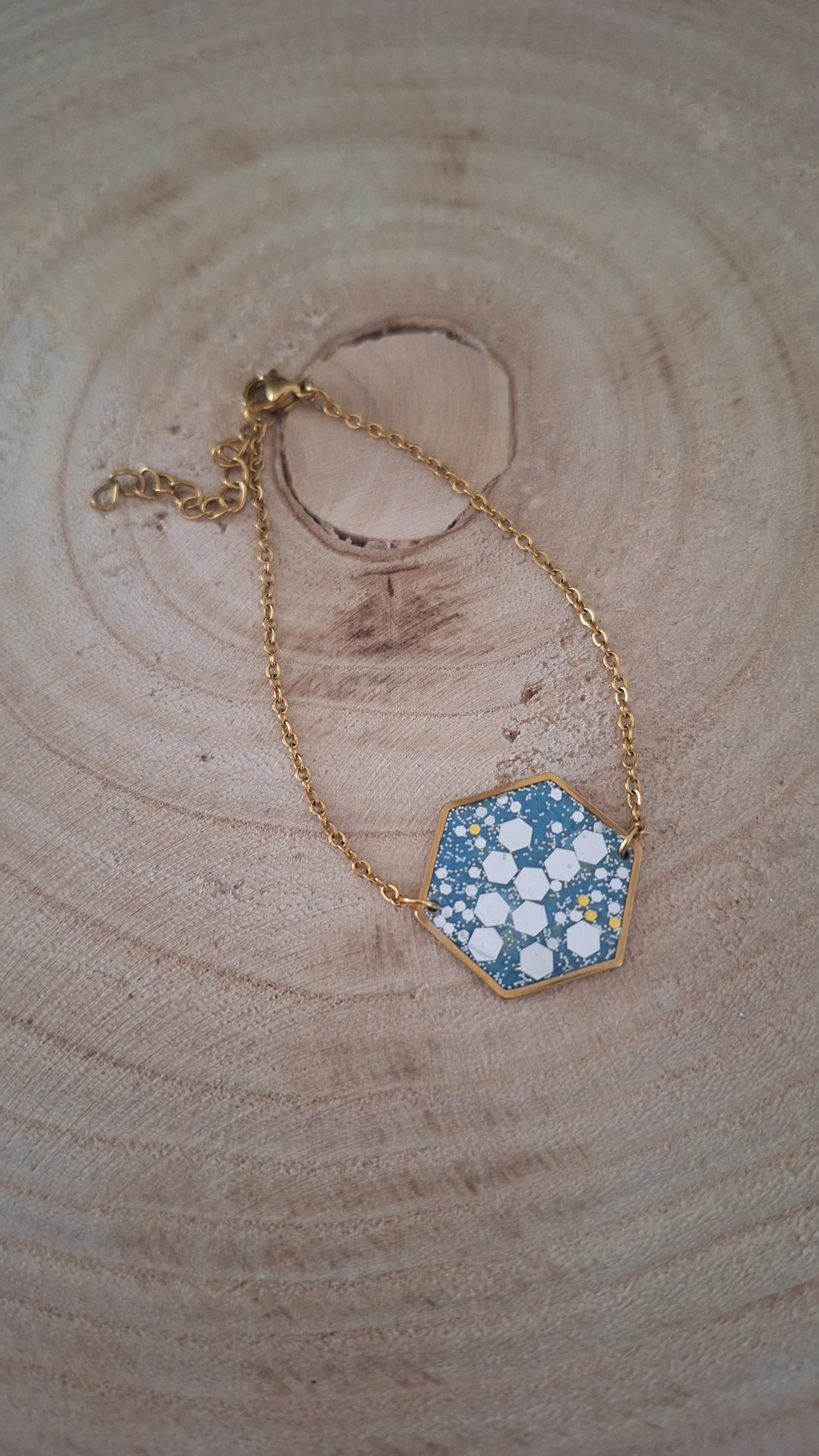 Bracelet hexagonal bleu paillettes argentées et dorées 