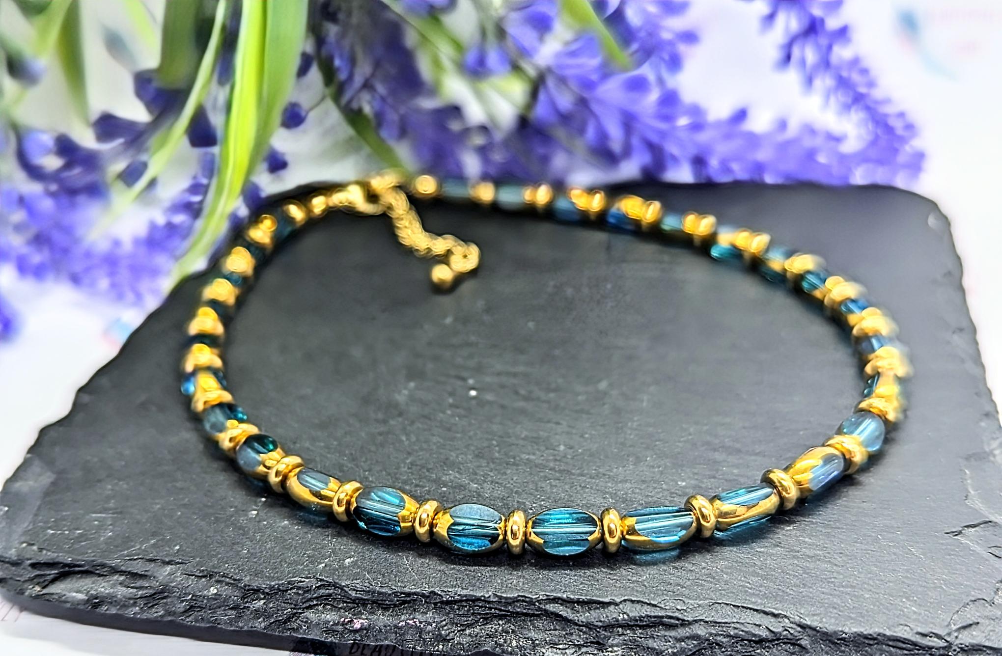 Gold Tone Plated Stainless Steel & Blue Glass Beaded Anklet