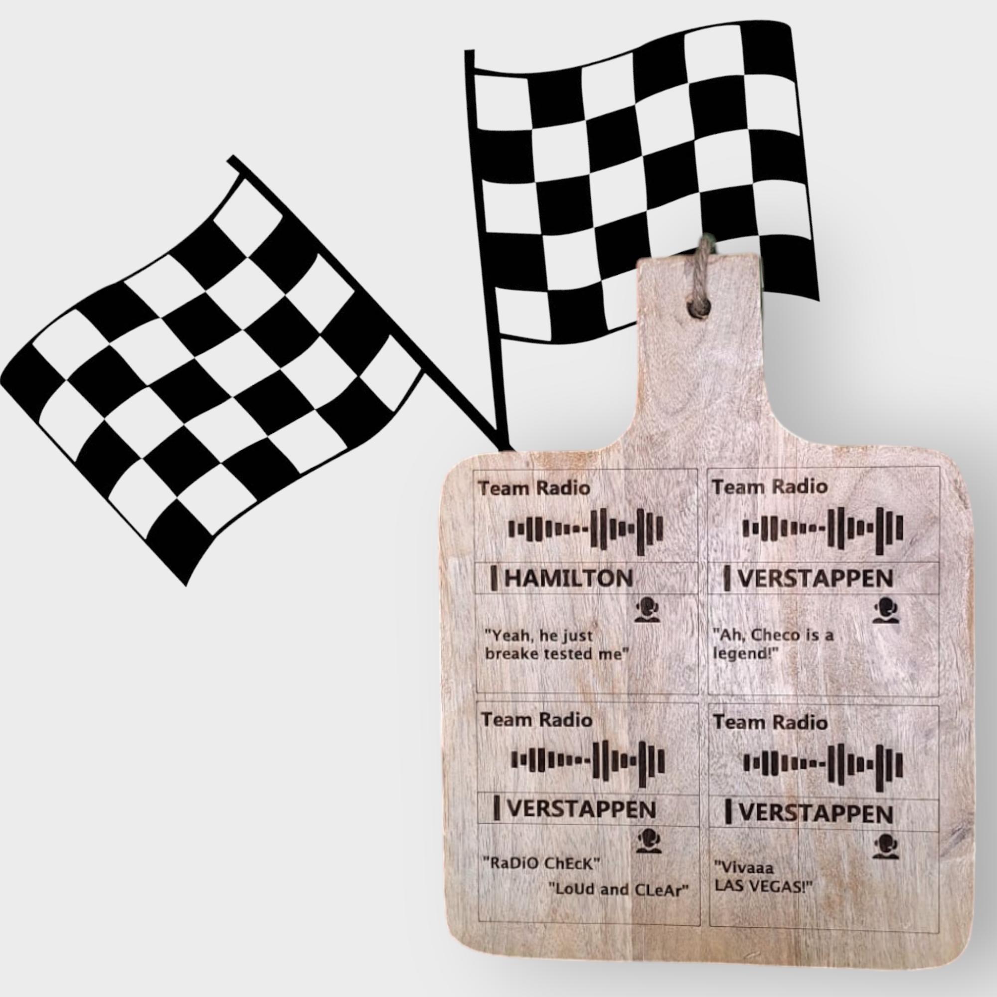 Mangohouten Borrelplank F1 met Teamradio voor Formule 1 Fans