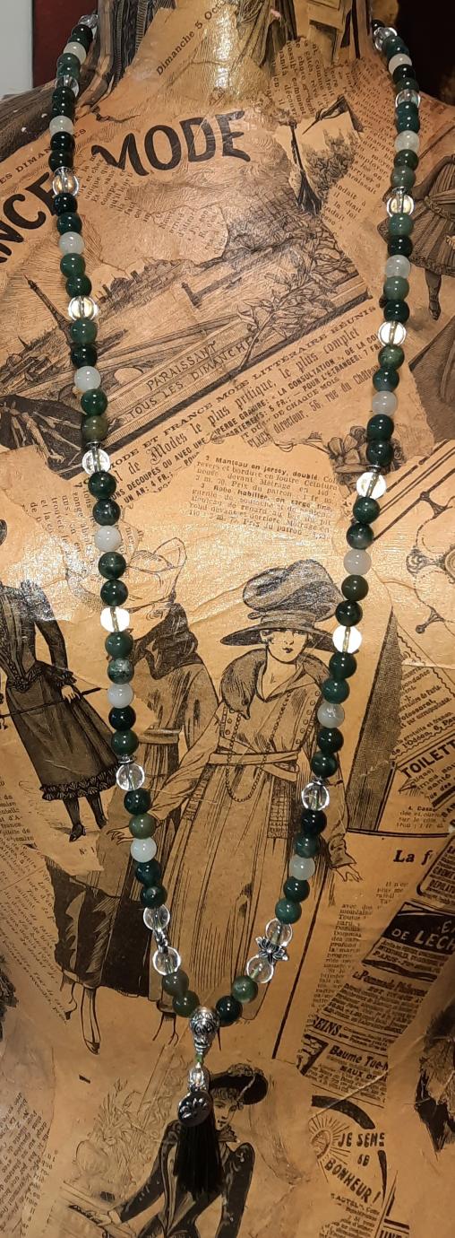 Mala 111perles Agate Mousse, Jade De Chine , Cristal De Roche 