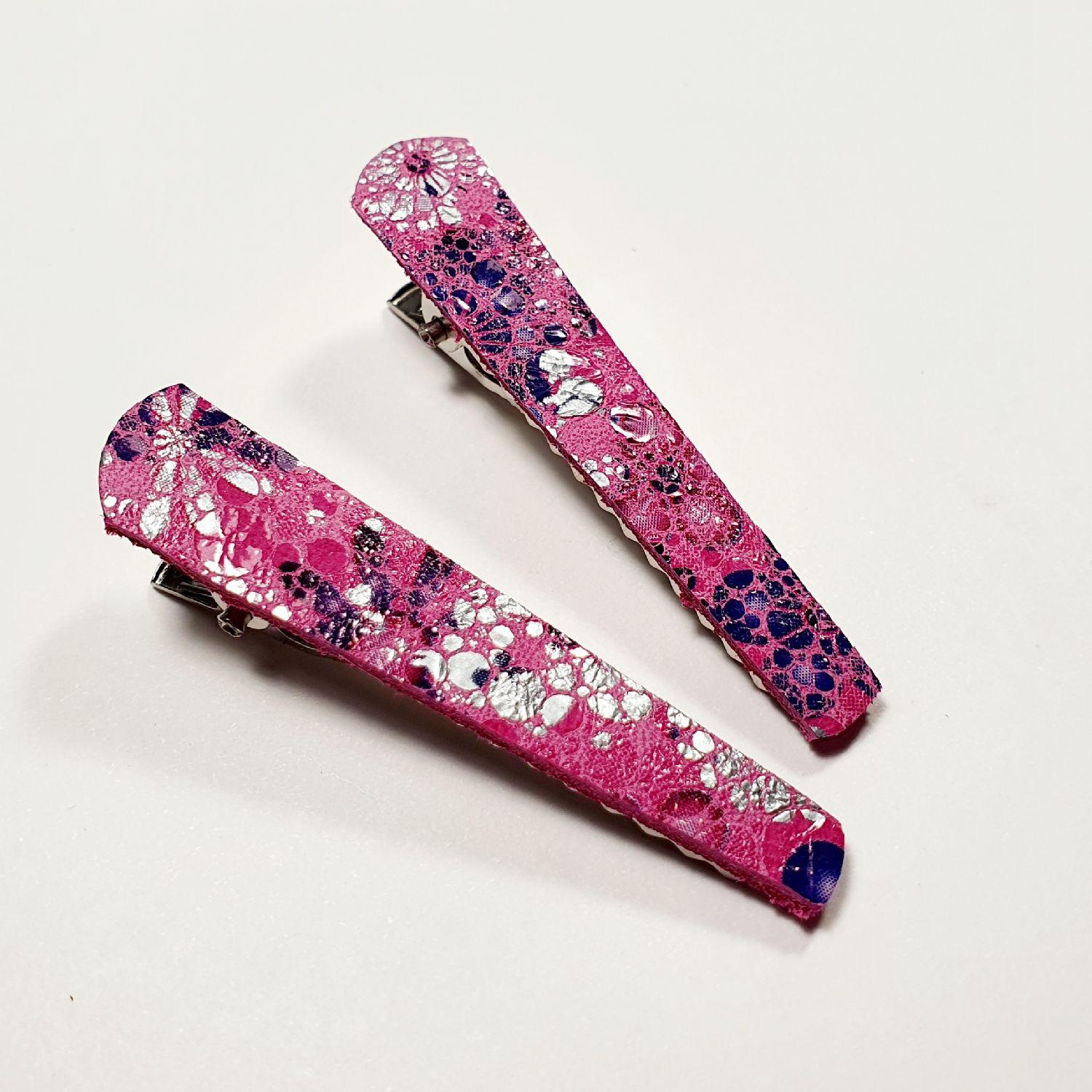 Lot de 2 pinces crocodile en cuir rose et violet