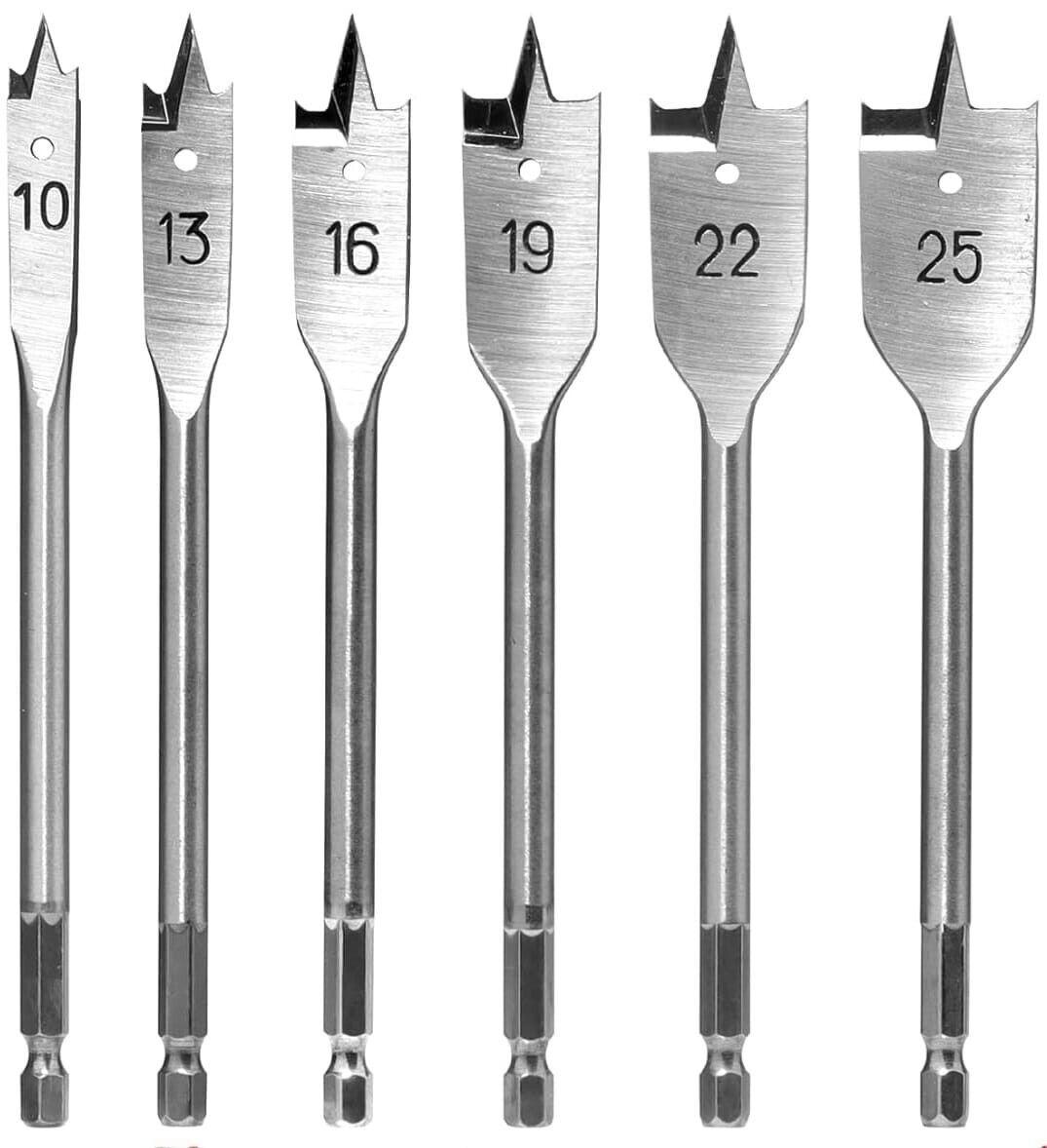 Flat Wood Drill Bits Set Wood 6PC, 1/4 Inch Quick Change Hex Shank, Ø 10-25 mm