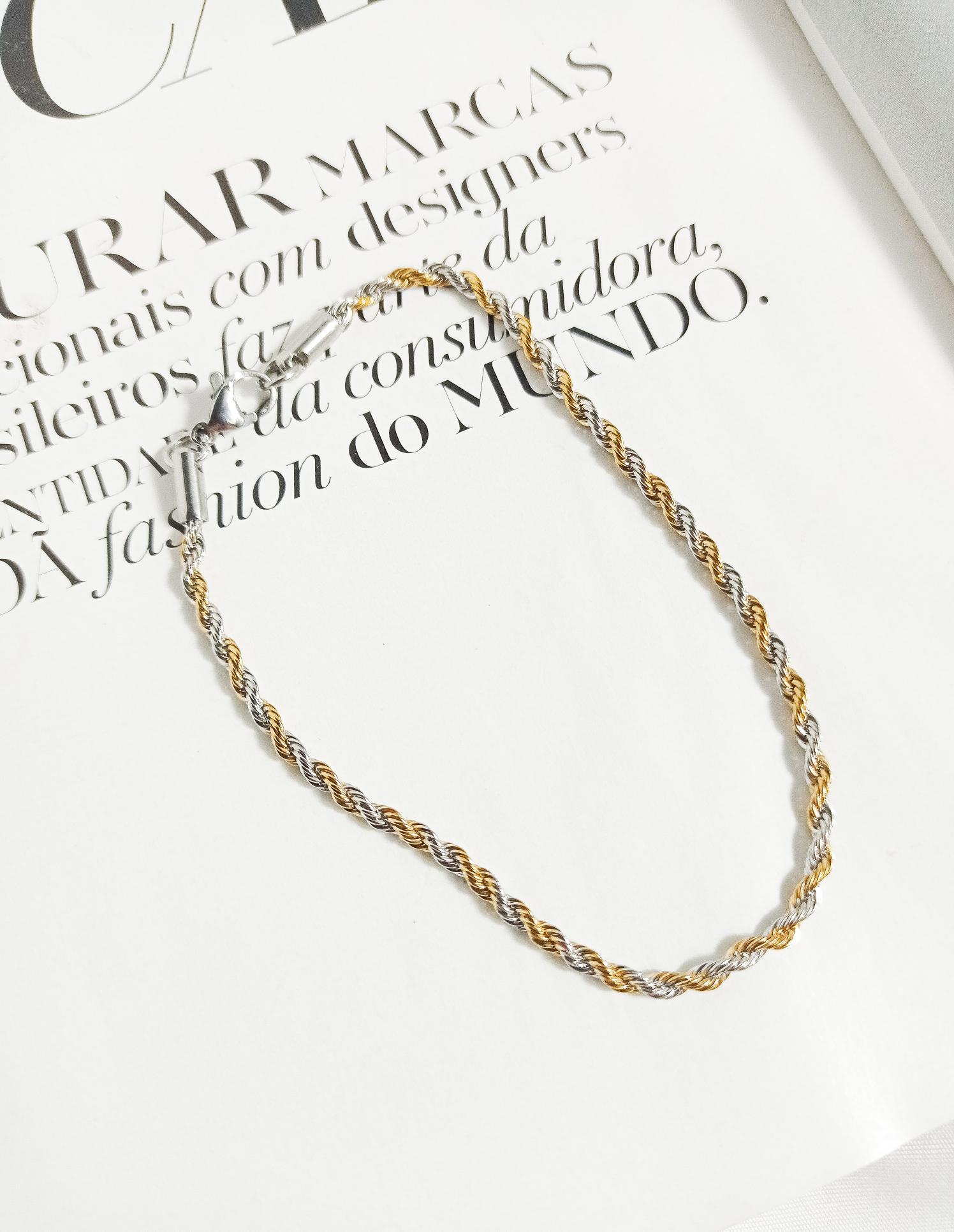 Pulseira corrente baiana dourada com prata em aço inoxidável 