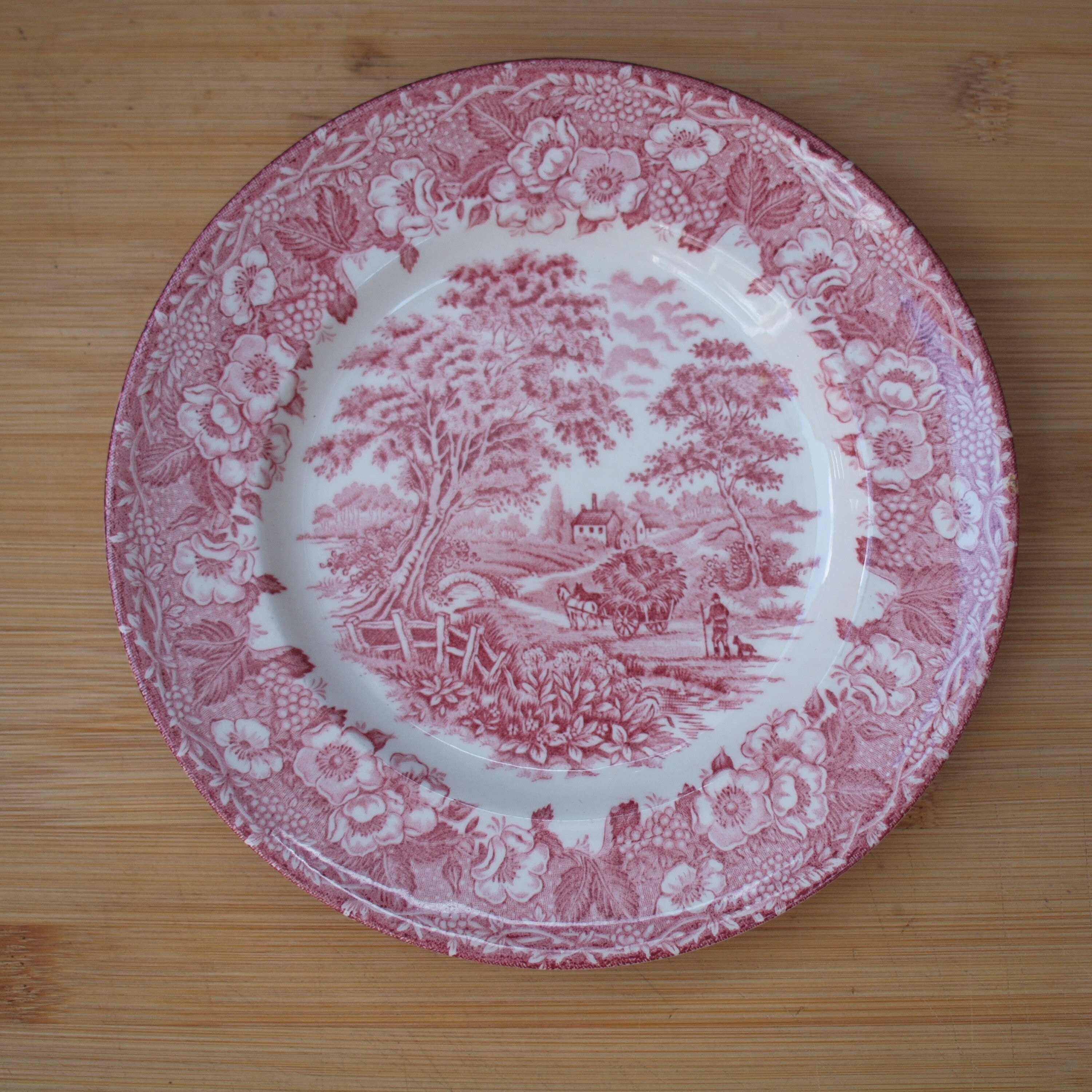 Made in England | Ontbijtbord (diameter 20 cm | hoogte 2 cm) rond met ‘English countryside’ motief in roze kleur | Vintage