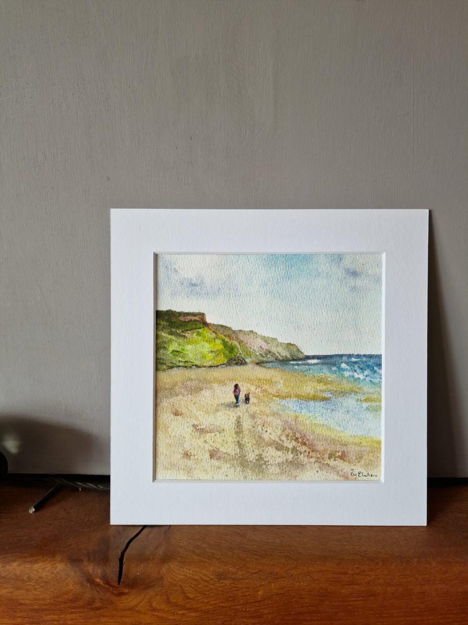 A moment of calm/ watercolour painting/ Skinningrove beach/ Female dog walker