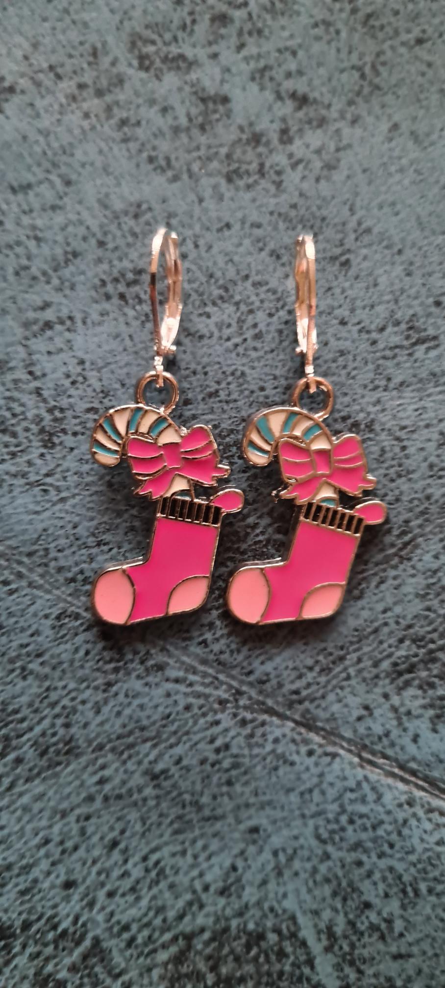 New Silver Enamel Pink Cerise Christmas Stocking Earrings Hooks