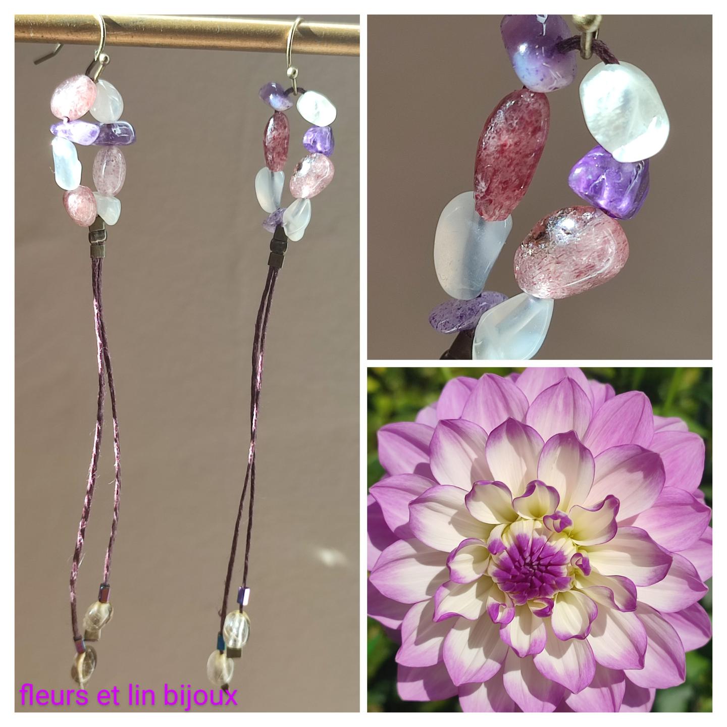 Boucles d&#039;oreilles en pierres naturelles, améthyste, quartz rose, citrine, pierre de lune monté sur fil de lin violine -sans nickel 