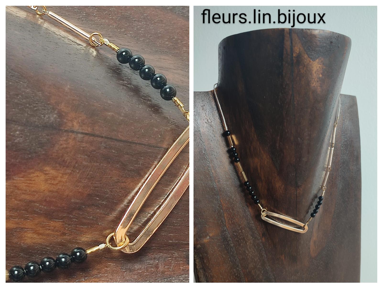 Z- Collier en onyx noir &amp; hématites dorés(pierres naturelles)ras du cou, monté sur fil de lin avec chaîne d&#039;extension dorée 