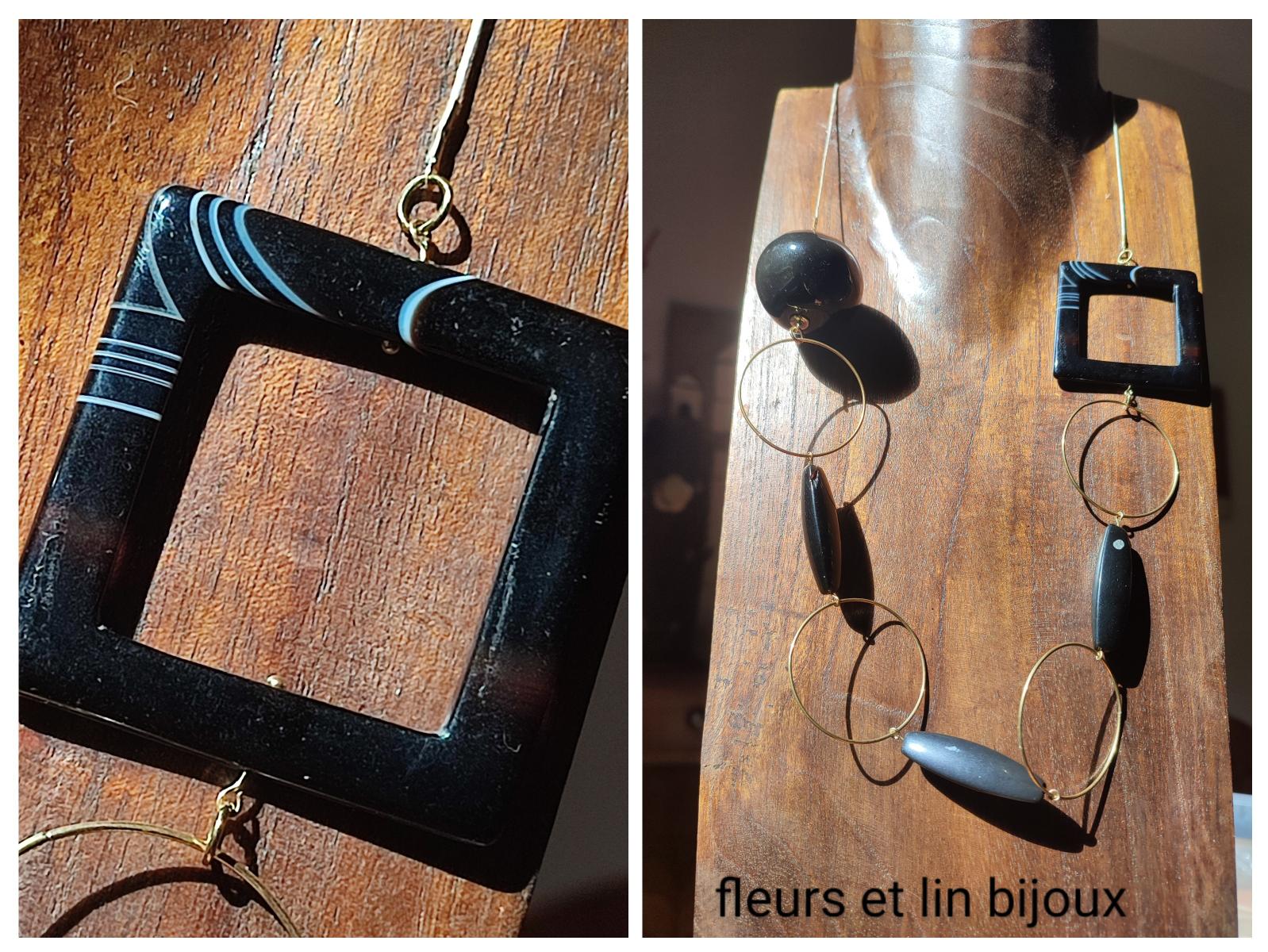 Z- Sautoir carré en agate noire aux reflets de blanc ( pierres naturelles)&amp; boule en céramique noire monté sur fil de lin réglable 