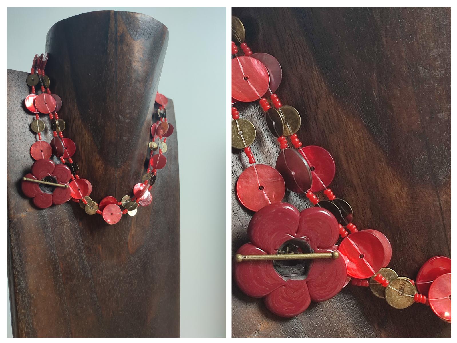 Z- Collier nacre rouge &amp; fleur en verre de Murano rouge - pièce unique