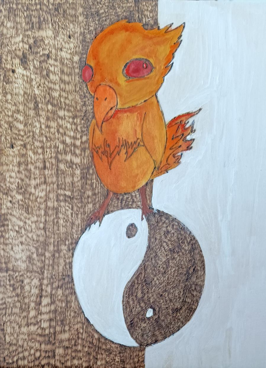 Wood Pyrography Painted Design: Phoenix Ying/Yang