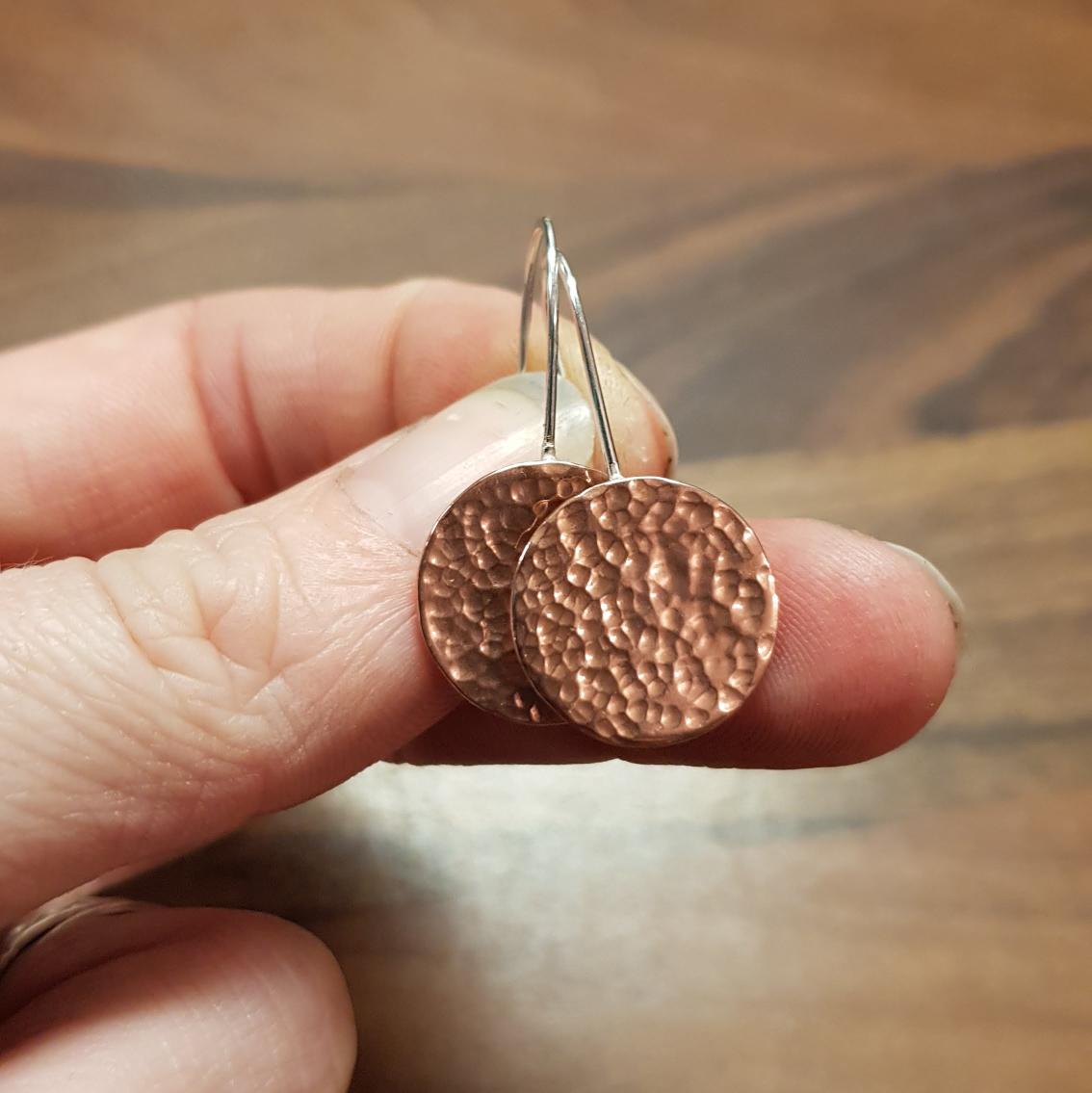 Copper and sterling silver disk drop earrings