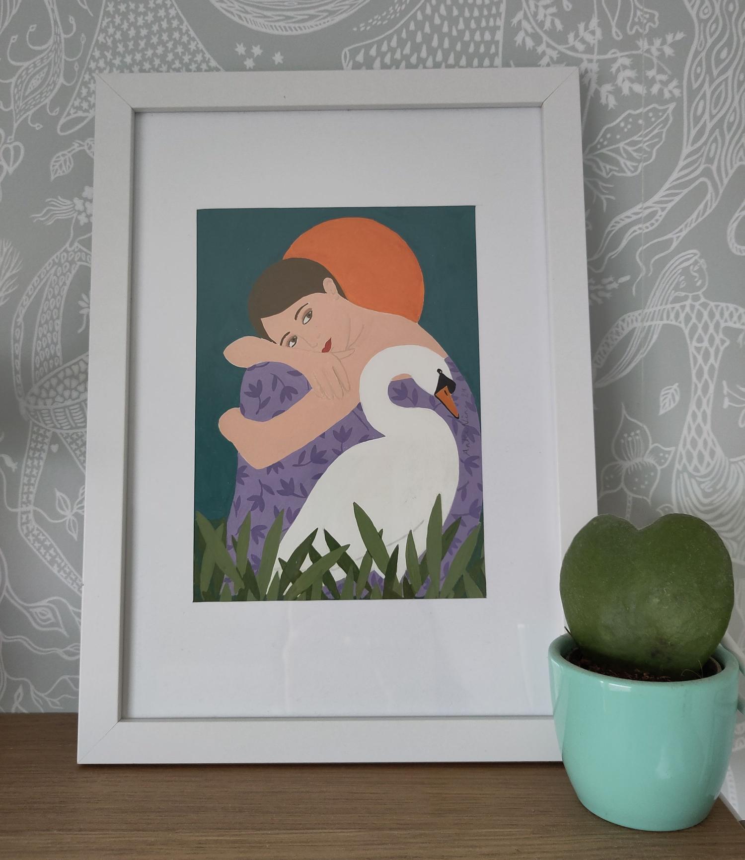 Origineel schilderijtje "Witte zwaan"