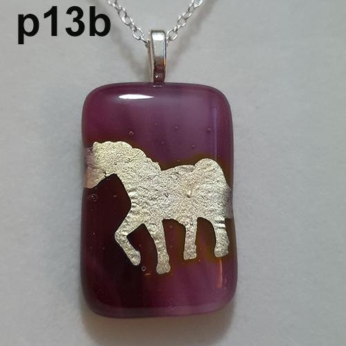 Horse/unicorn cranberry pink glass pendant &amp; chain p13b