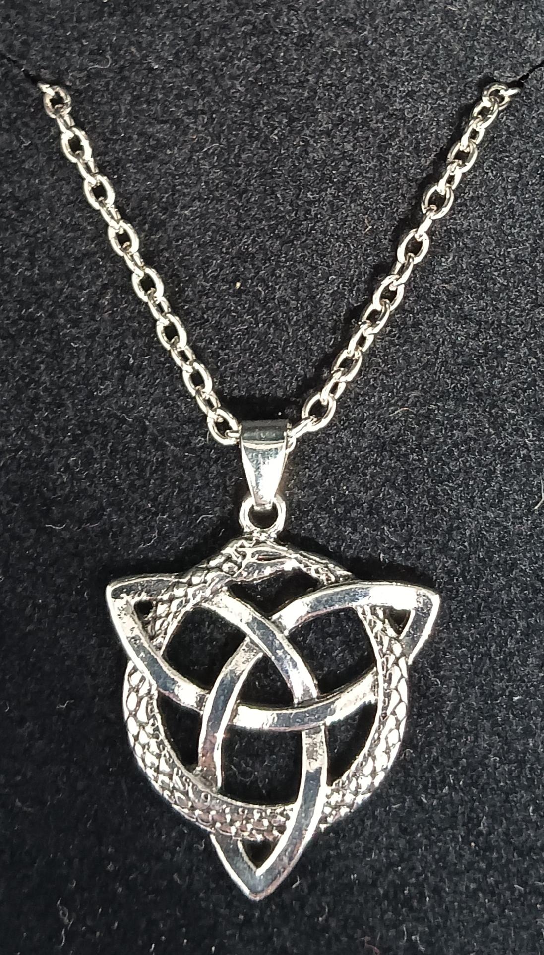 Tibetan Silver Triquetra With Snake Pendant Necklace.