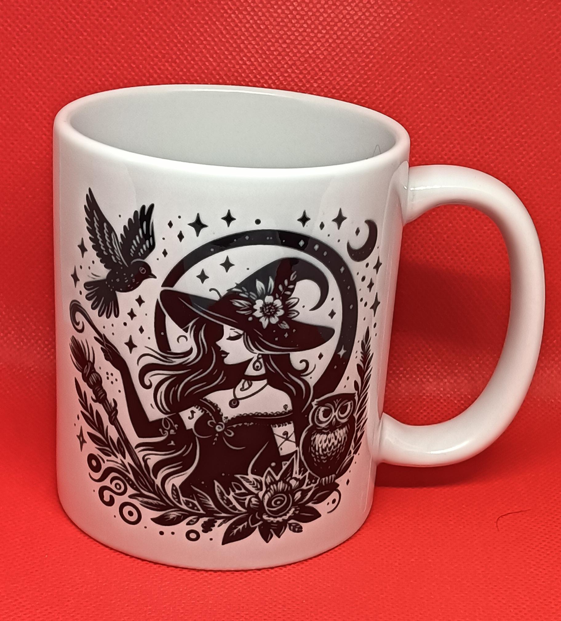 Custom Printed Black &amp; White Witch Mug