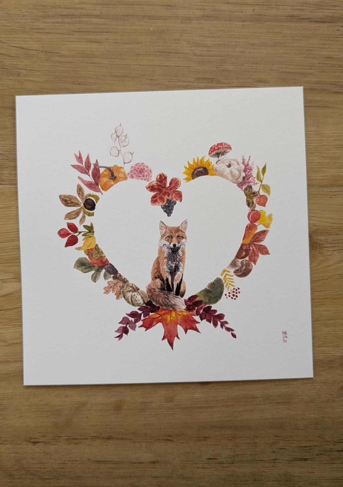 Carte cœur renard d&#039;automne 