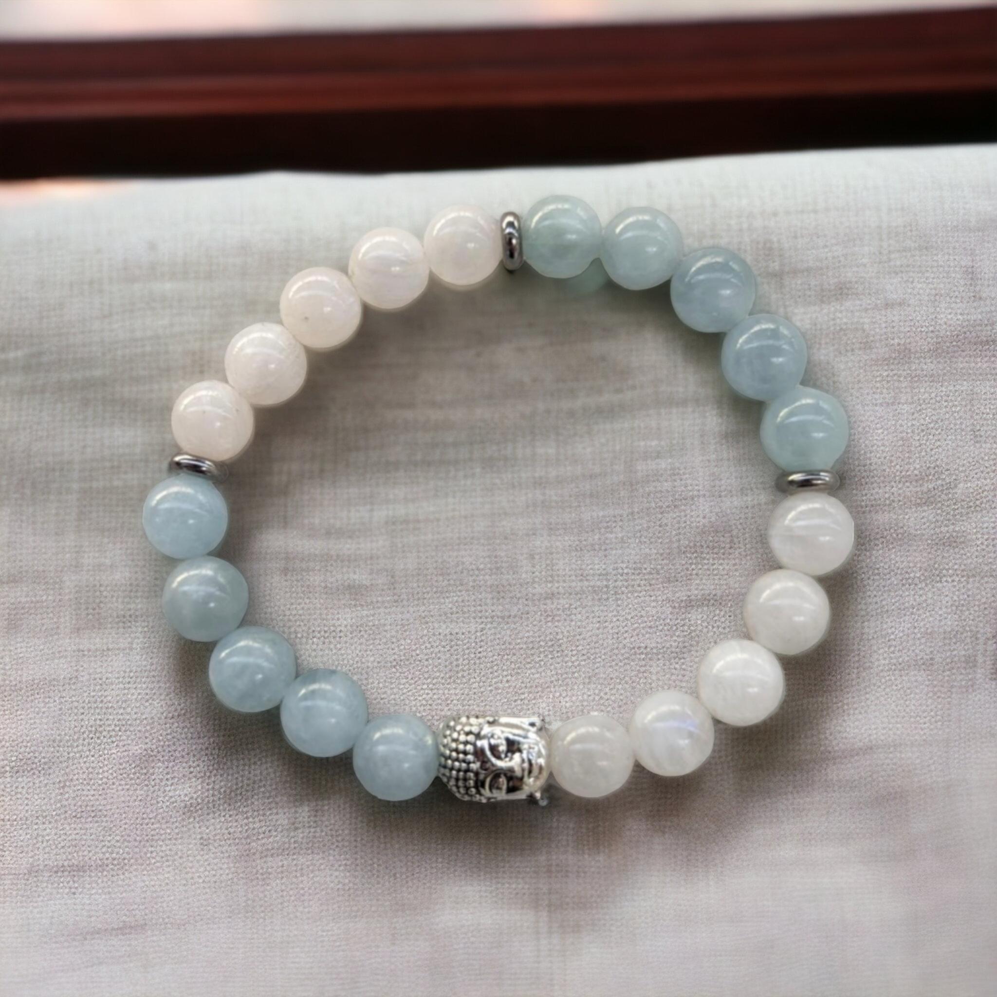 Communication / intuition /Bracelet en pierre de lune et aigue marine /8mm